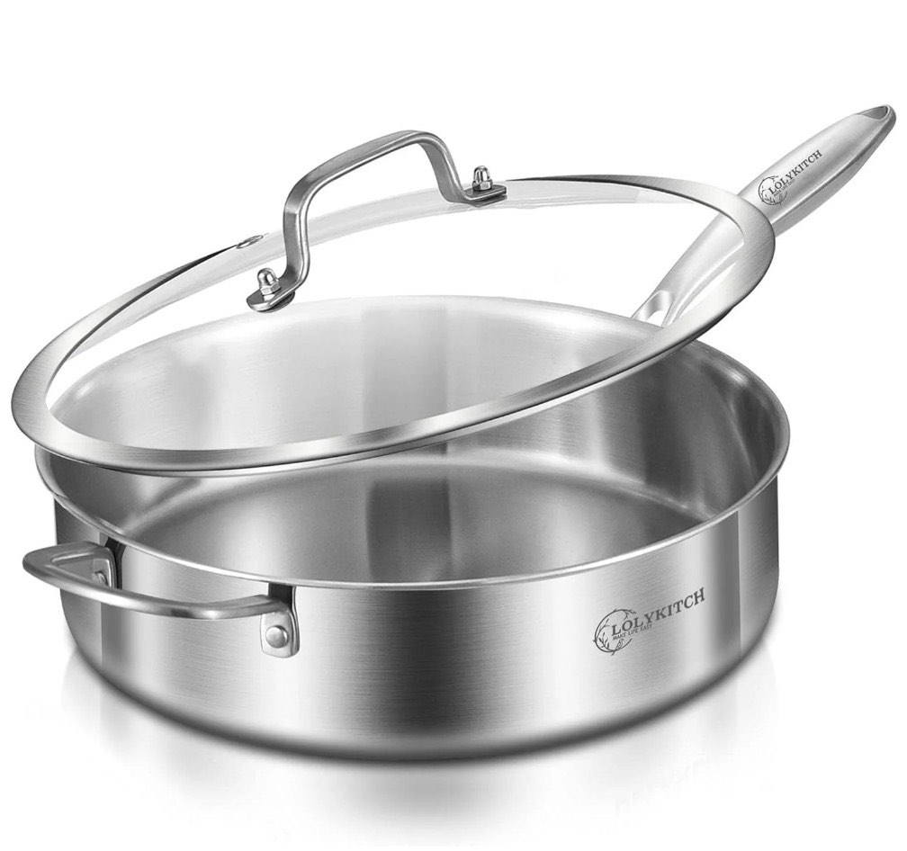lolykitch tri-ply stainless steel 6qt sauté pan with lid 12 inch deep frying pan jumbo cooker dishwasher and oven safe detachable handle.