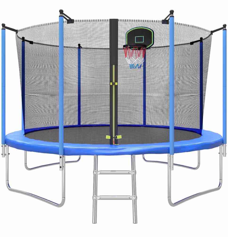 segmart 12ft trampoline for kids with basketball hoop and enclosure net/ladder, blue