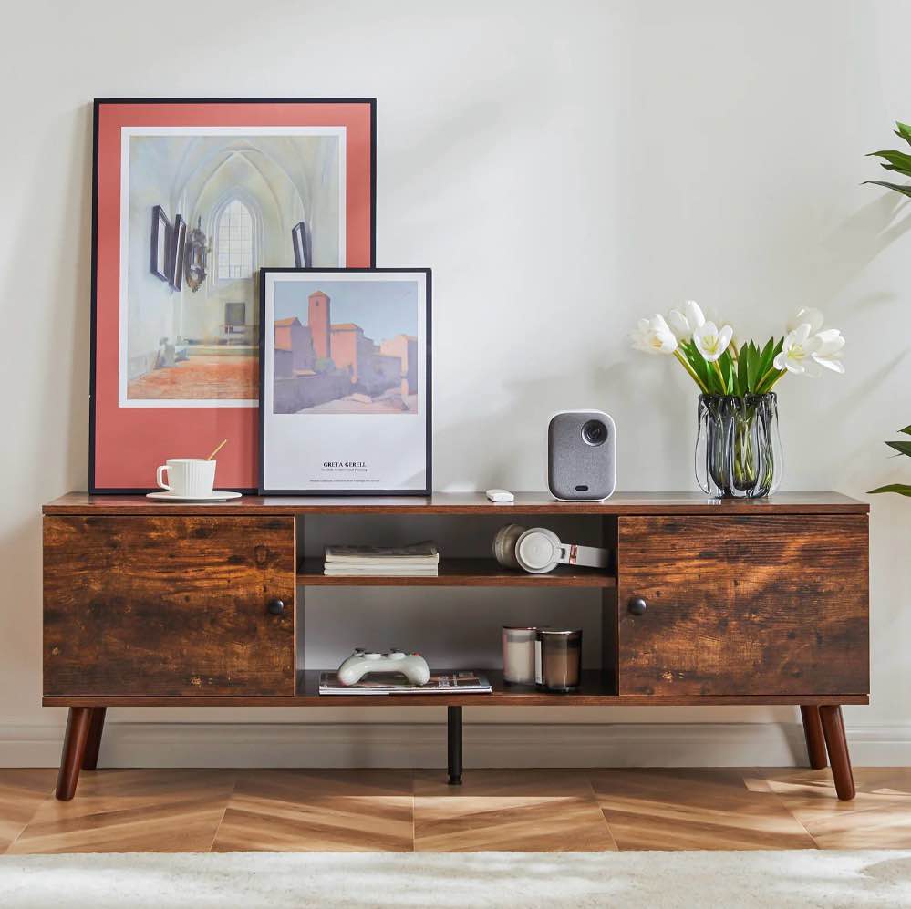 edx modern tv stand for 55-60 inch tv, mid century entertainment centre, media console table with storage for living room, office, brown