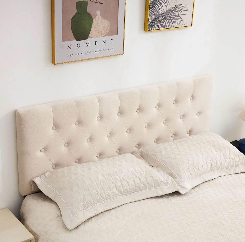 jonpony tufted upholstered headboard queen size, solid wood head board with  adjustable height  headboard from 37" to 51",bed frame adapters,beige,headboard only