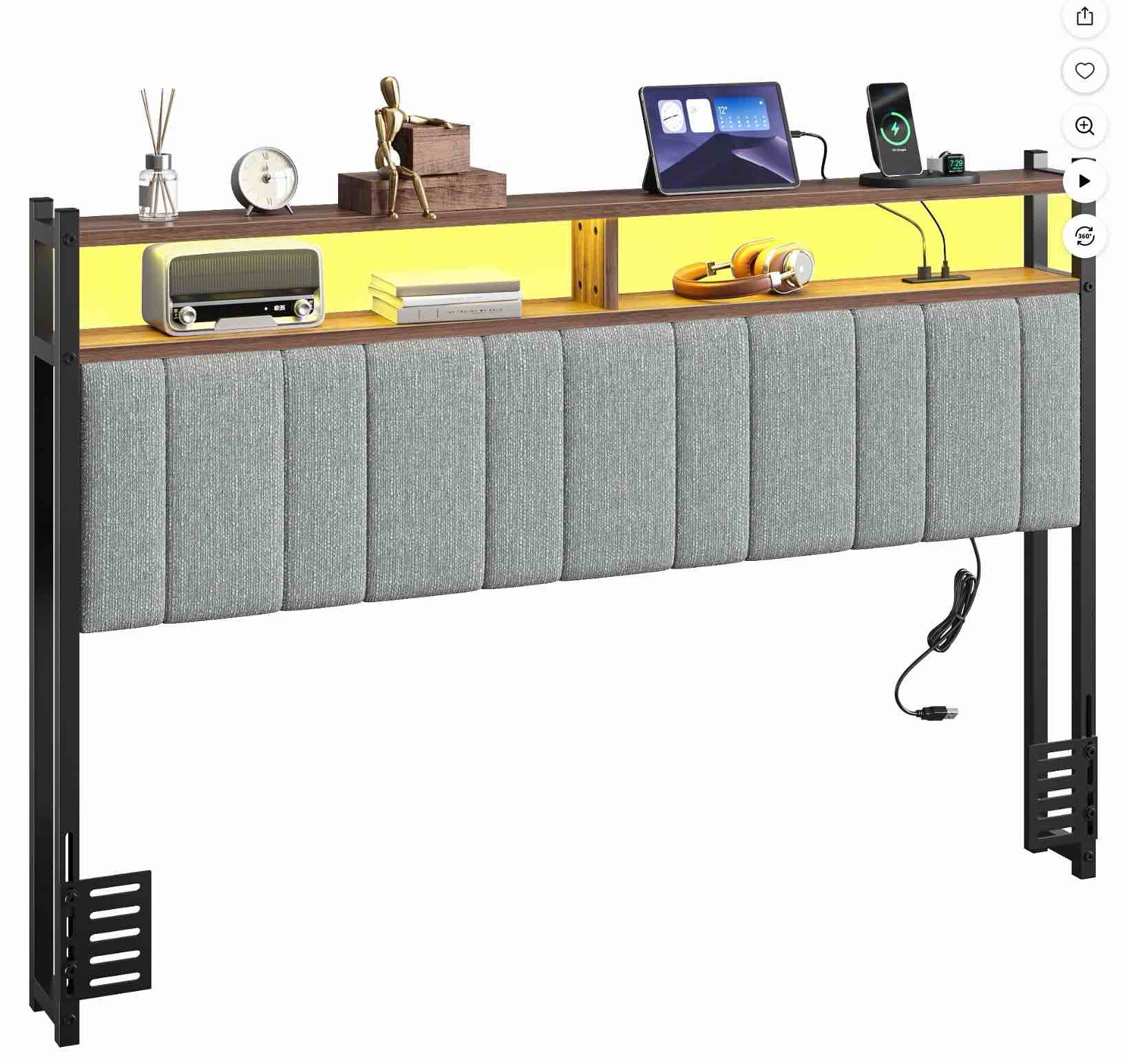 pinmoco headboard for queen size bed with storage, linen upholstered head board with led light and charging station, gray, headboard only(bed frame not included)