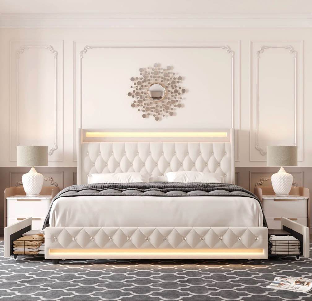 homfa queen size led bed frame with outlets and usb ports & display platform, 2 storage drawers modern crystal button tufted upholstered platform bed frame, beige