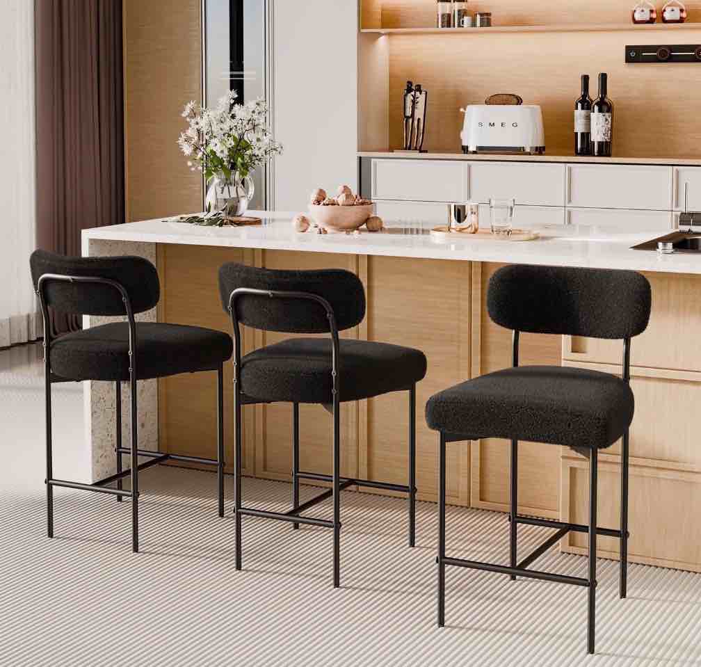 hommpa bar stools set of 3 with back & footrest 26" counter height barstools boucle bar chairs modern pub chairs black plush for kitchen island bistro coffee shop mid back