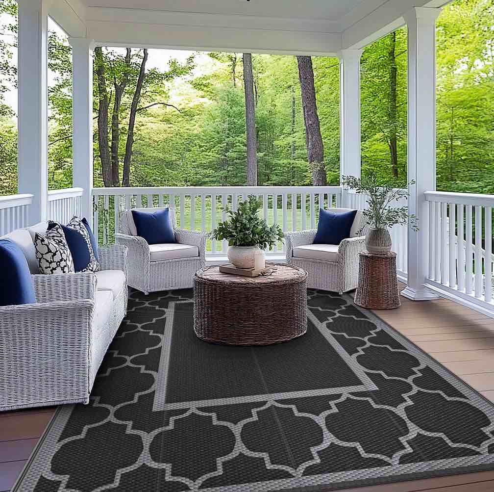 deorab outdoor rugs waterproof plastic straw mat 8'x10' reversible for rv patio deck beach black & gray