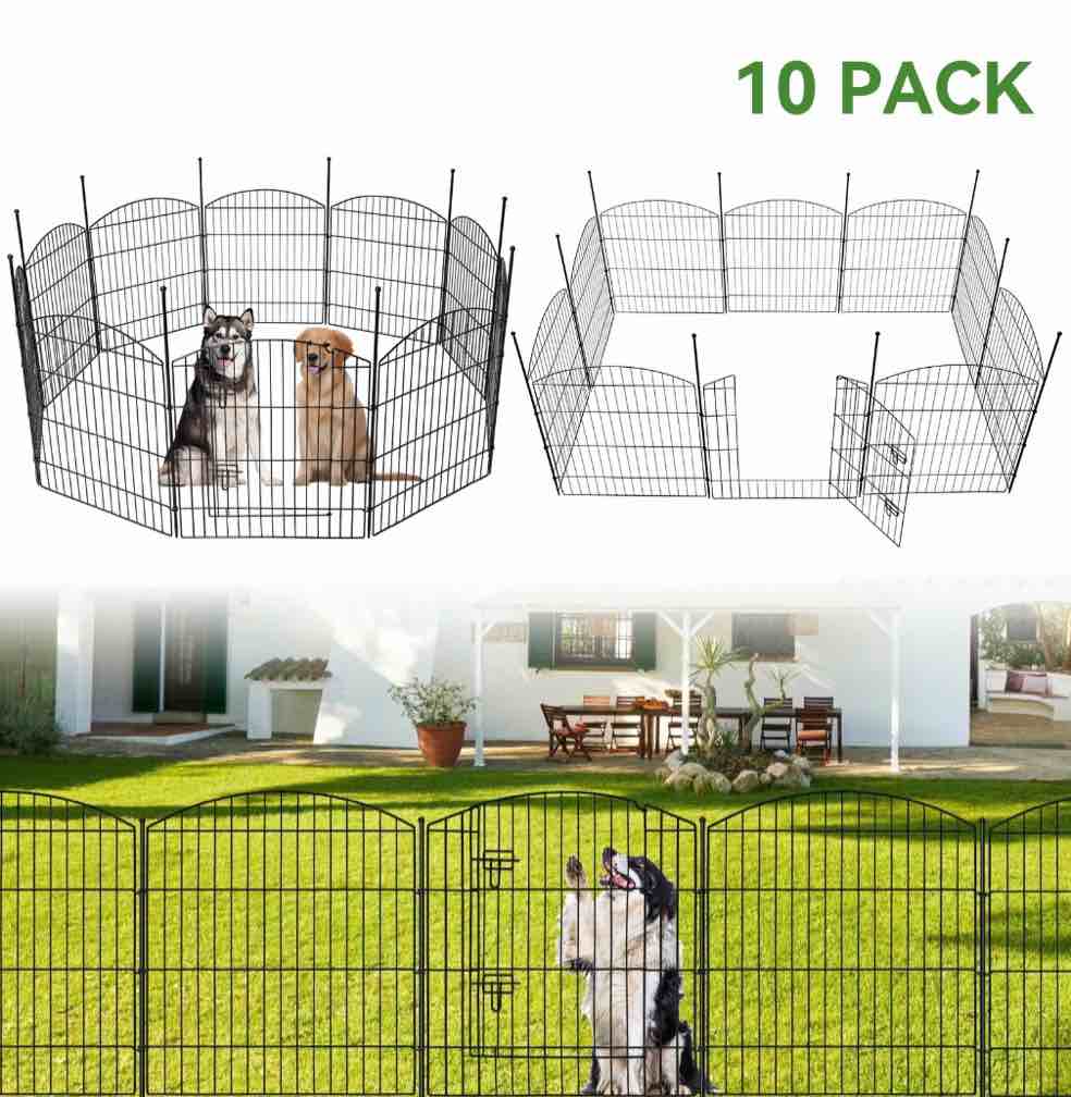 bshapplus® garden fence with gate 10 pack ,33in (h) x 24ft (l) metal fence,rustproof decorative fence,animal wire fence,wrought iron fence, outdoor picket fencing no-dig for yard, lawn,patio borde