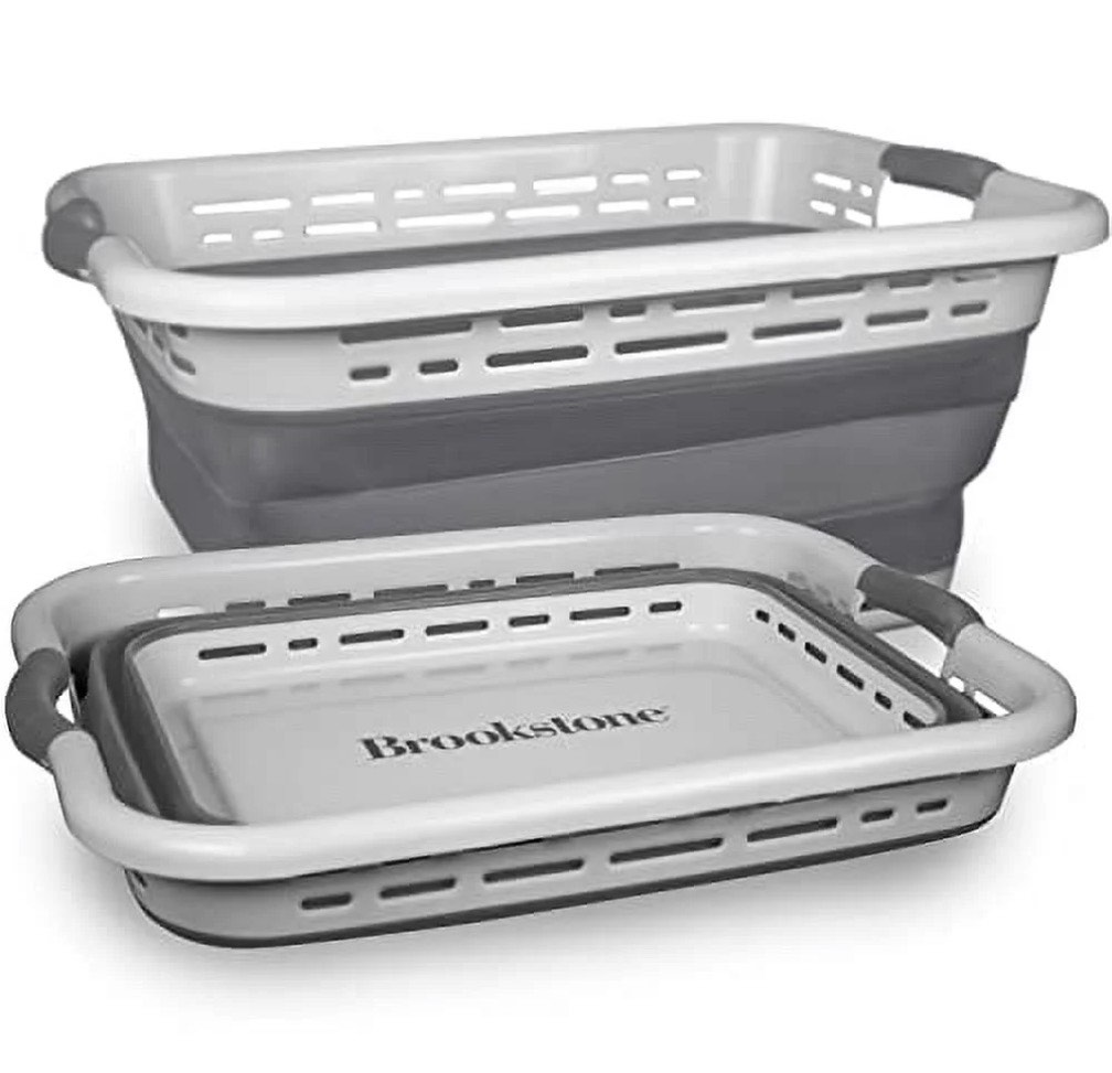 brookstone 11 gallon collapsible plastic laundry basket portable pop-up hamper foldable storage container washing tub gray