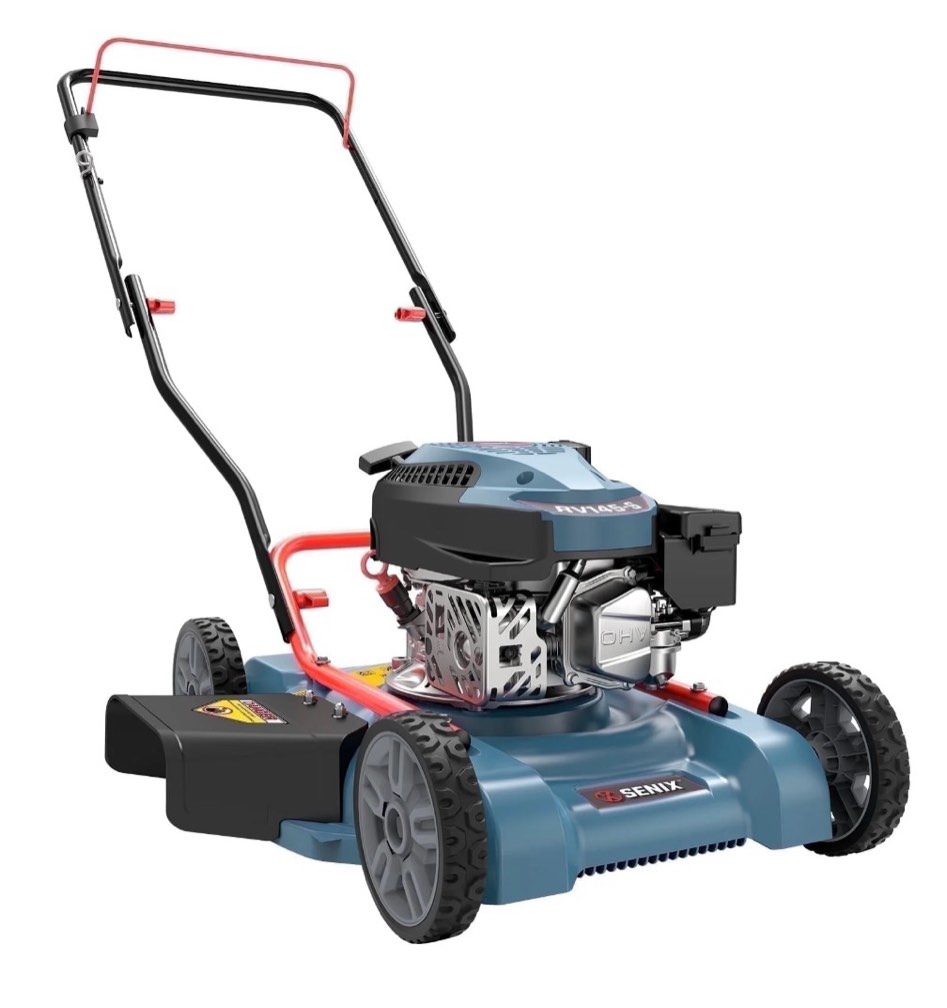 senix gas lawn mower, 18in cutting blade / 19in cutting deck, 144cc 4-cycle engine push mower with side discharge