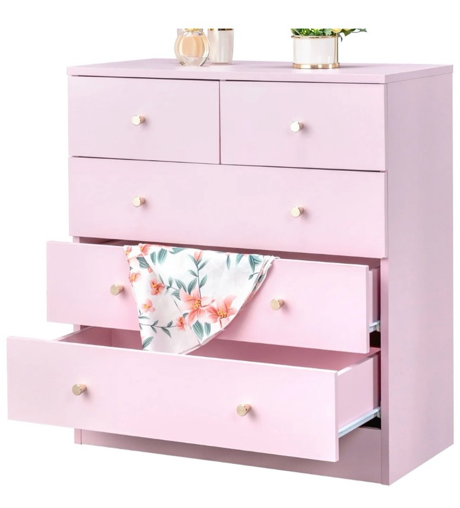 ubesgoo 5 drawer wood dresser for bedroom, chest of drawers, storage organization unit for clothing, pink