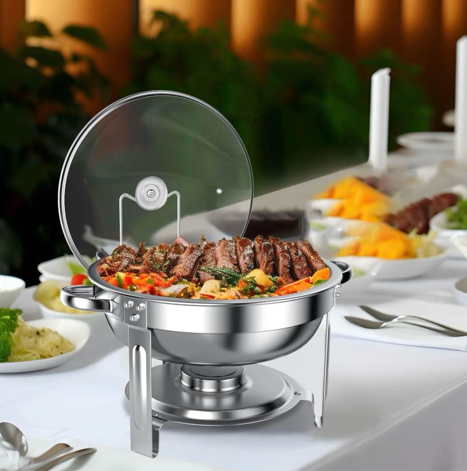 chafing dish buffet set 4 pack: tinana 5qt stainless steel chafing dishes for buffet with glass lid & lid holder round chafers and buffet warmers sets for parties events wedding camping dinner