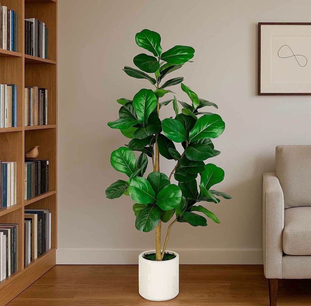 romswi 5ft artificial fiddle leaf fig tree with white planter pot natural trunk realistic leaves lifelike faux floor plant for home house office decor indoor