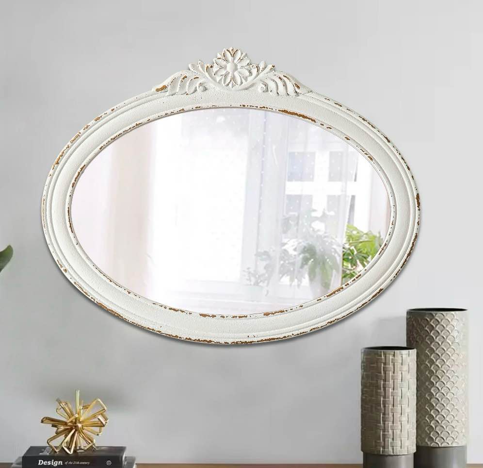 sintosin rustic wall mirror 24 l x 19 h - handmade vintage bathroom mirror  farmhouse distressed white oval for bedroom home decor