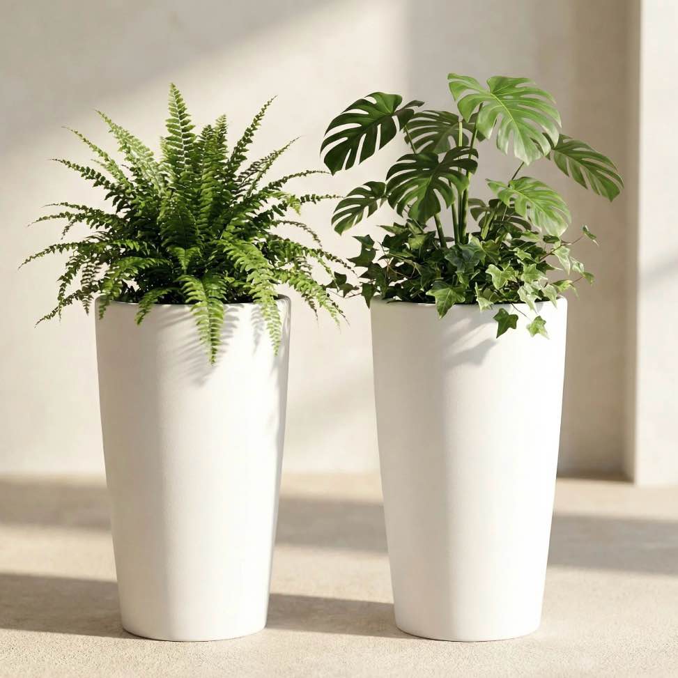 snugniture set of 2 round 22-inch tall planters, white – large indoor/outdoor pots with drainage, matte frosted finish