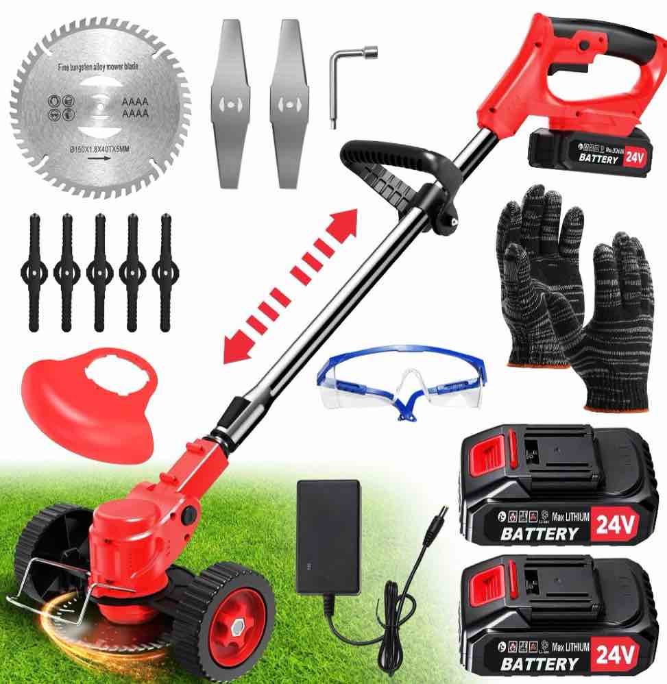 tntants electric weed wacker cordless string trimmer with wheels 2pcs 24v batteries 3 types of blades adjustable length weed eater grass trimmer/edger/brush cutter for lawn yard garden (red)