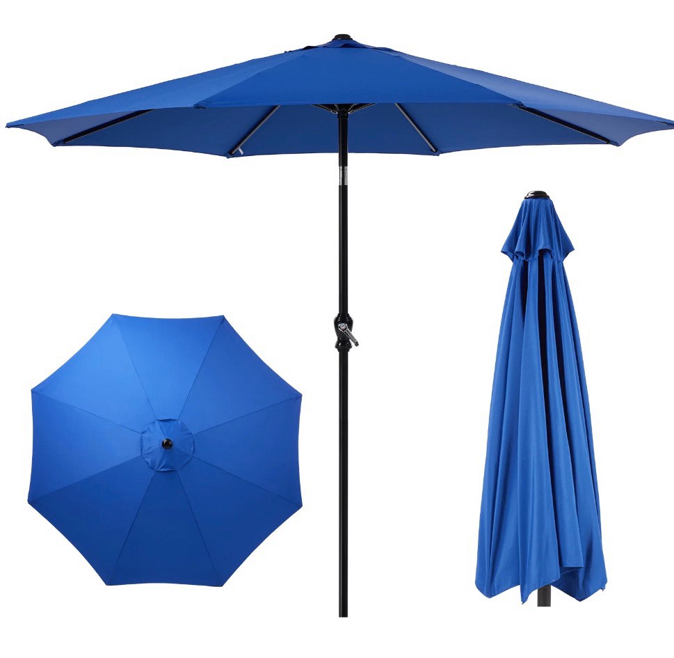 edx 9ft outdoor patio umbrella with push button tilt and crank handle, market umbrella with 8 sturdy umbrella ribs, uv protection, waterproof, blue