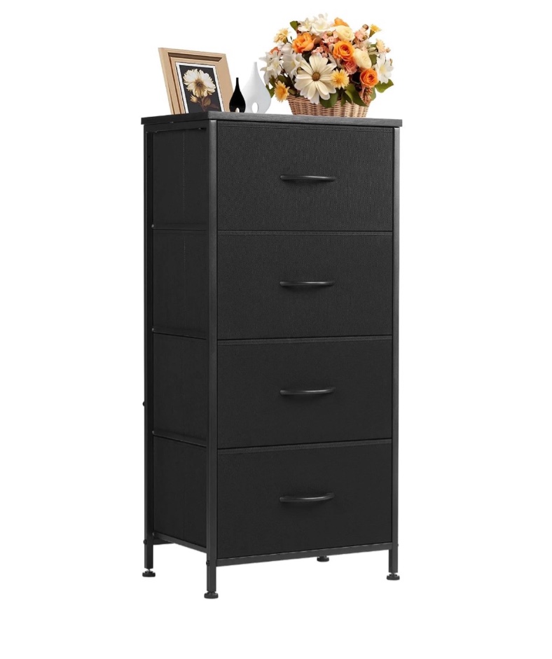 concetta 4 drawer dresser, wide chest drawers nightstand storage tower storage fabric dresser with wood top for living room, bedroom, closet, black