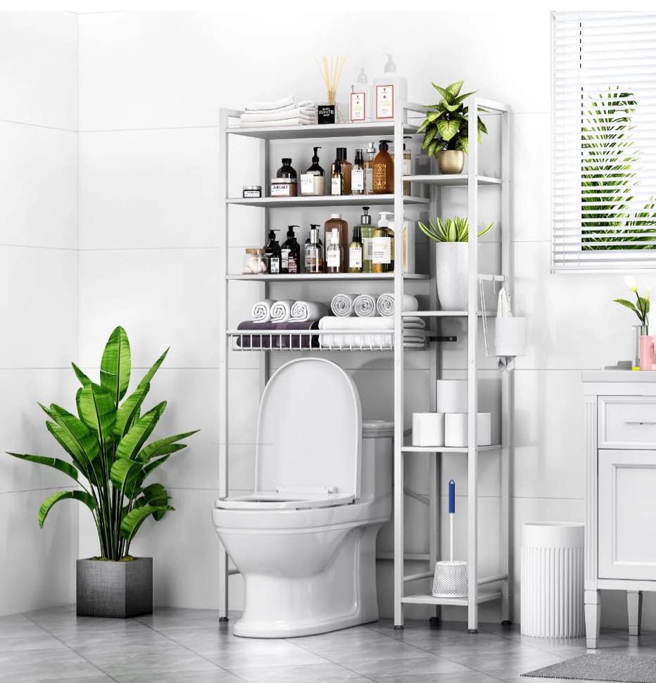 biemlerfn 8-tier over the toilet rack, bathroom storage organizer with adjustable shelves, toilet paper holder & hooks, white