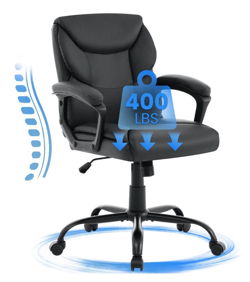 jonpony leather office chair, big and tall 400lbs ergonomic desk chairs with back support, executive leather chair with wheels for home office, 360°swivel free, black