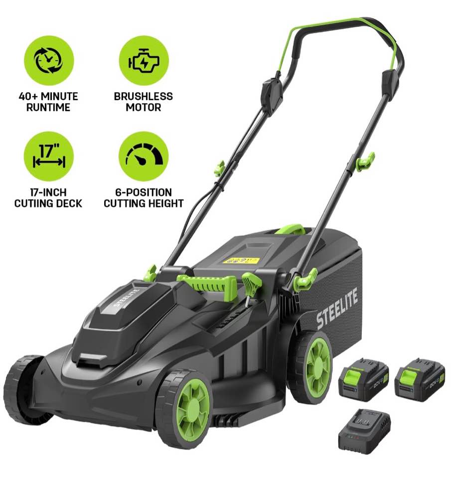 Steelite 17" Cordless Lawn Mower, 2x21V Battery Powered Walk-Behind Push Mowers,Electric Lawn Mowers with Brushless Motor, 2-in-1 Mulching & Bagging,6 Heights Adjustment, 2*4.0Ah Battery not Included