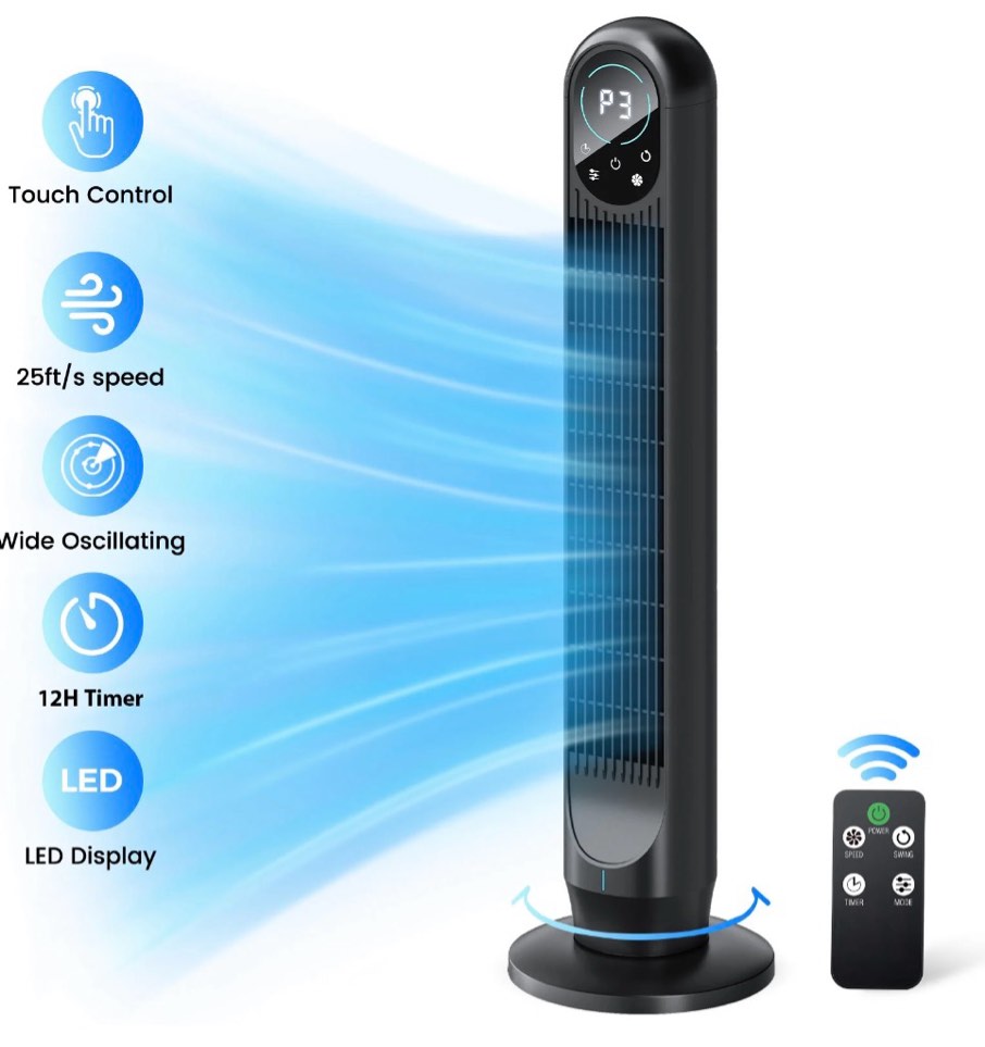 Tower Fan with Remote 31 Bladeless Floor Fans for Home 4 Modes & 4 Speeds 12H Timer LED Display 80° Oscillating Wide Cooling for Bedroom Office