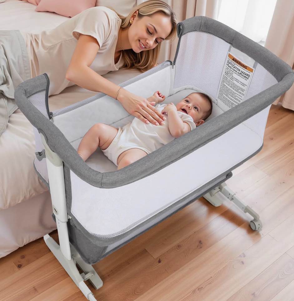 Vomeast Baby Bassinet Bedside Sleeper with Wheels, Adjustable Height, Dual-Lock, Storage Bag for Newborns Infants, Gray
