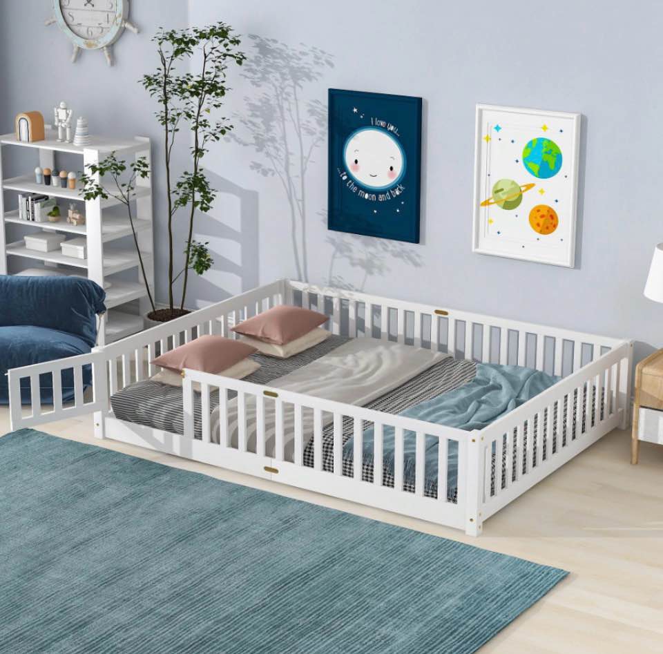 PAPROOS Full Montessor Floor Bed, Solid Wood Toddler Bed with Safety Guardrail and Door, Easy Assembly, Low-to-Floor Bed Frame with Slats for Kids, White