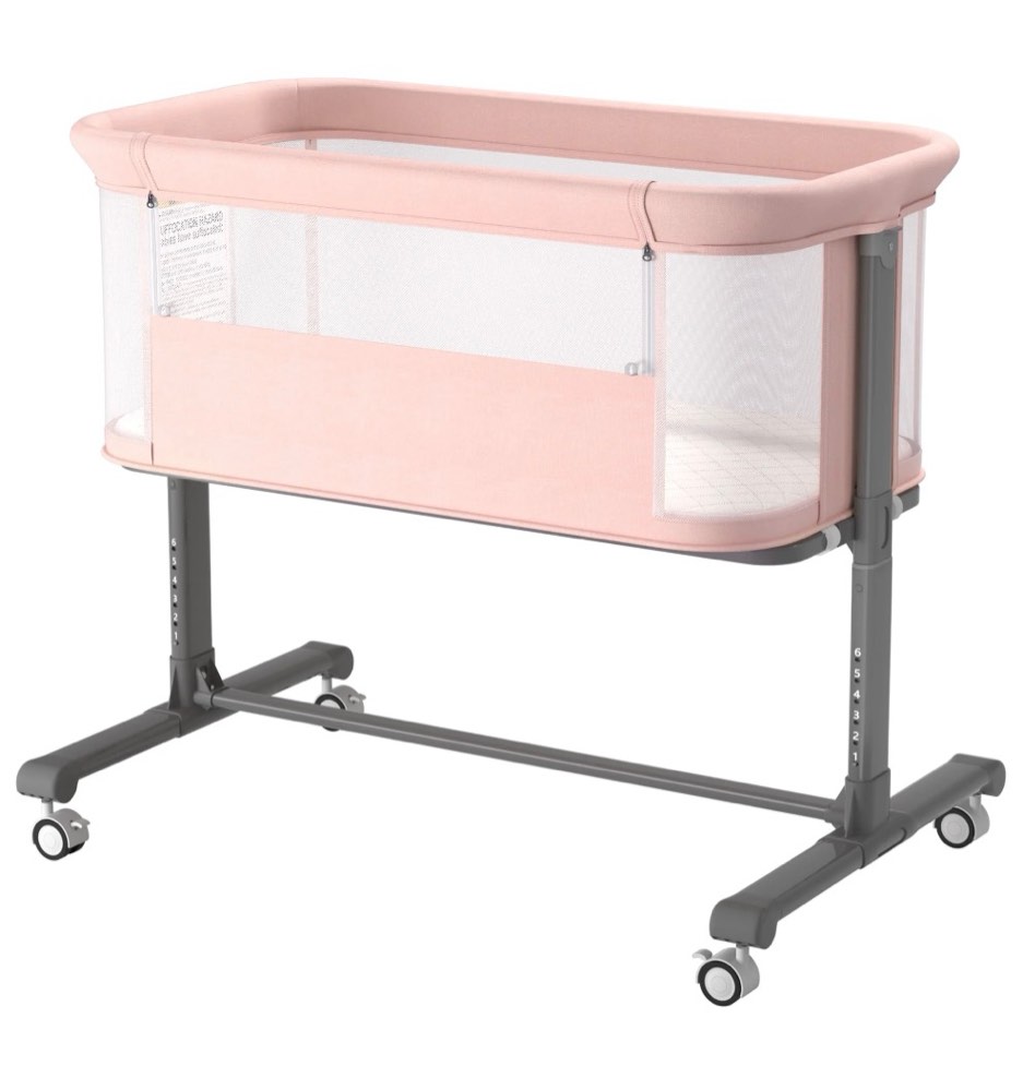 Kinder King Baby Bassinet Folding Newborn Bedside Sleeper w/Four-sided Mesh Adjustable Height/Angle Storage Basket Dark Grey