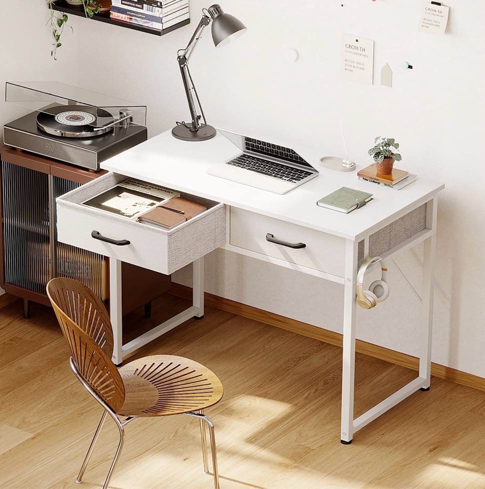 Casacomoda 32 Inch Writing Desk with 2 Fabric Drawers, Modern Study Table with Storage, Small Computer Desk for Small Space, Home Office Desk, Pure White