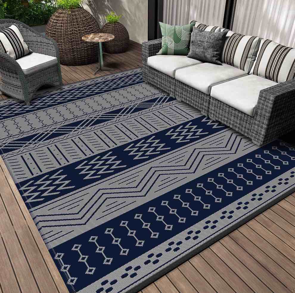 SIXHOME Outdoor Rug 8'x10' Waterproof Patio Rug Reversible Indoor Outdoor Rug Lightweight Plastic Straw Rug for RV Camping Deck Balcony Boho Porch Decor Blue and Gray