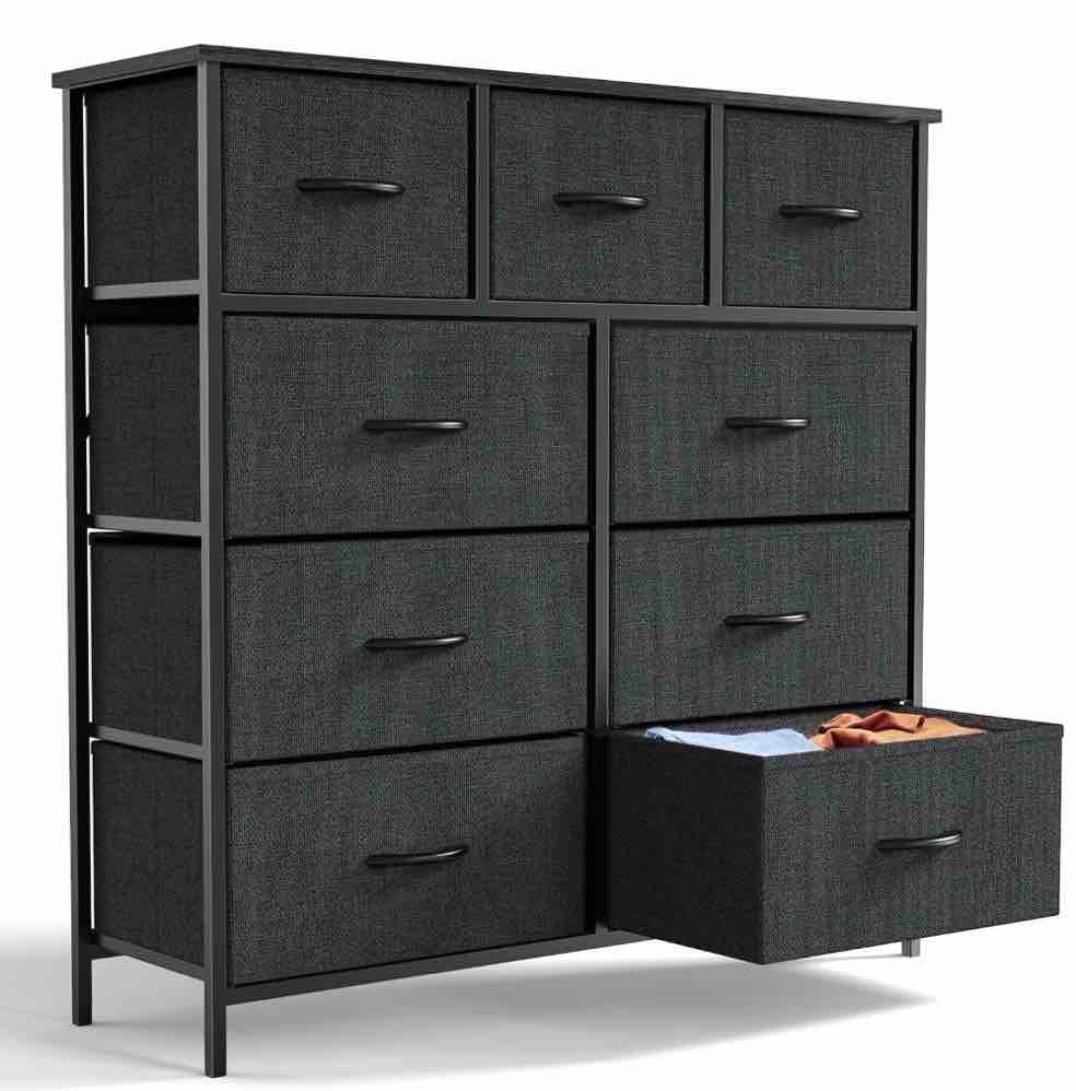 edx 9 Drawer Fabric Dresser for Bedroom, Chest of Drawer Organizer Storage Cabinet for Closet, Entryway, Black