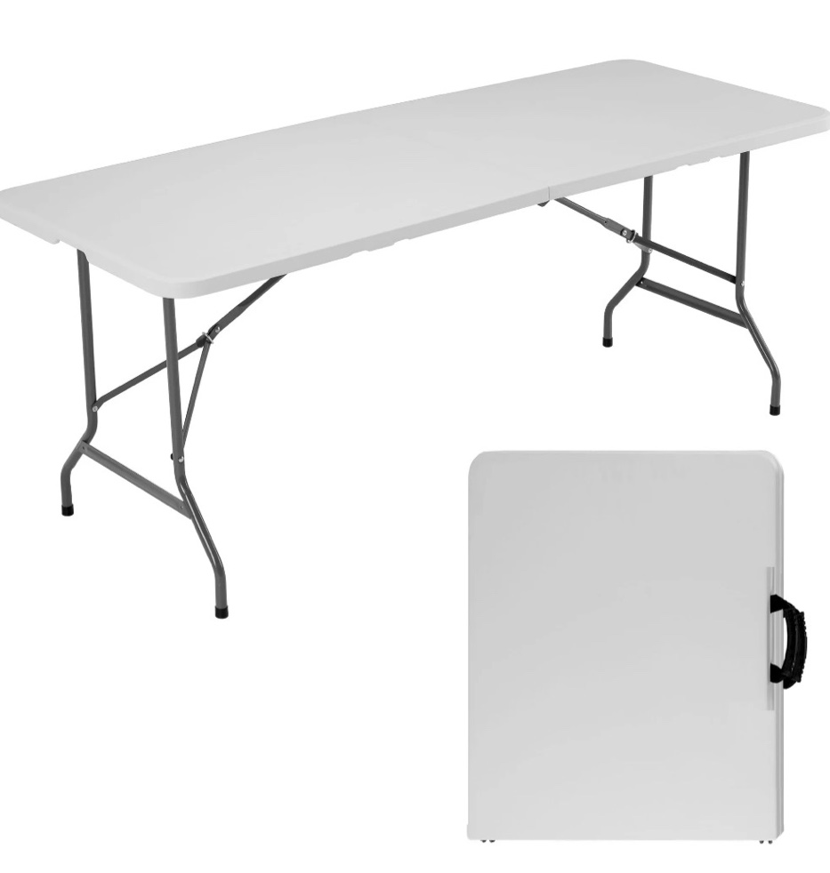 edx 6ft folding table, outdoor indoor heavy duty portable with carrying handle for camping, white,27.56"w x 70.89"d x 29.32"h