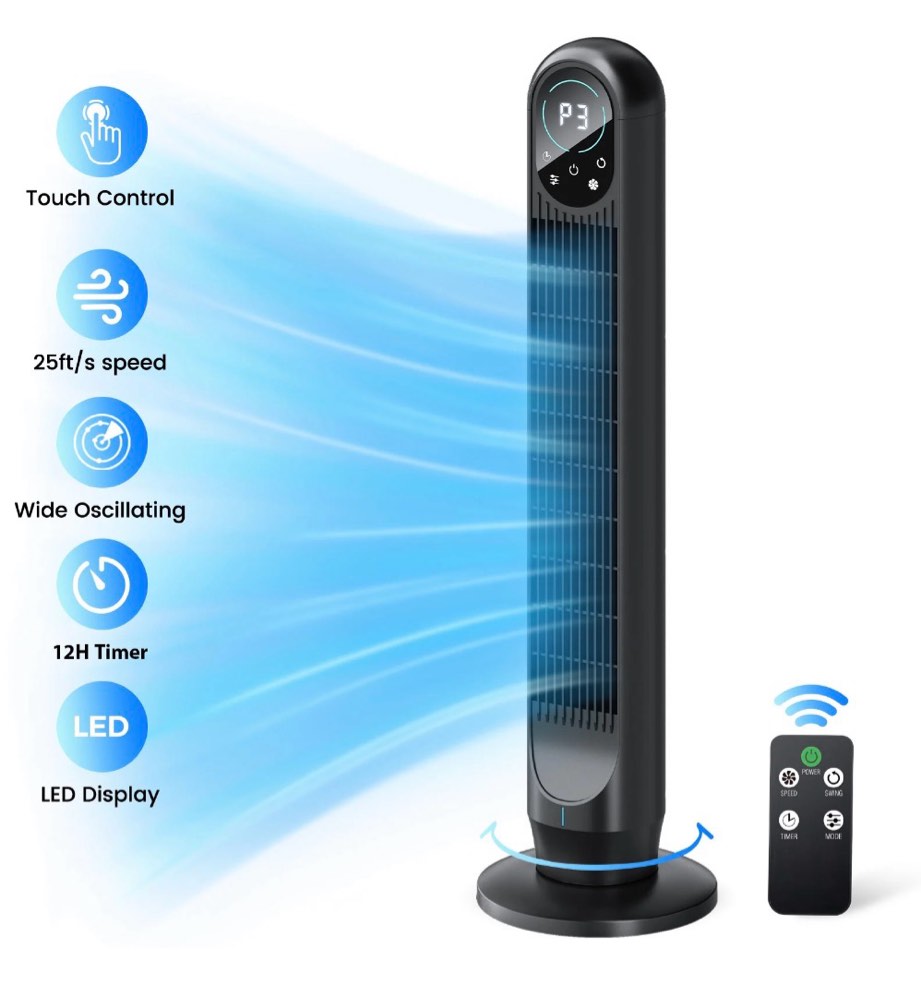 tower fan with remote 31 bladeless floor fans for home 4 modes & 4 speeds 12h timer led display 80° oscillating wide cooling for bedroom office