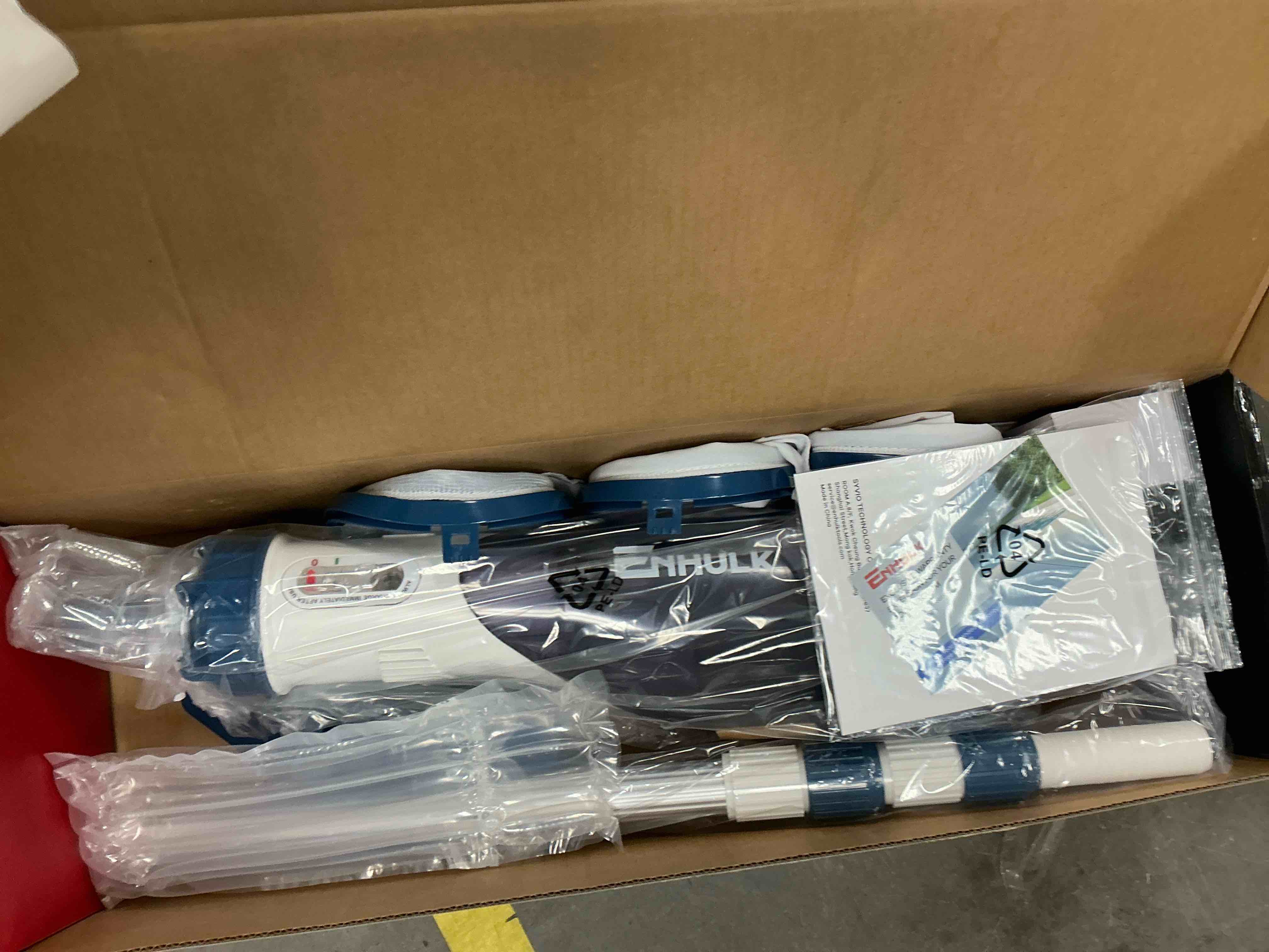 Condition photo showing New/Like New for cordless pool vacuum handheld pool vacuum for above ground inground pools spas and hot tubs 60-minute runtime powerful suction up to 18.5 gallons/min efficient leaf and debris removal