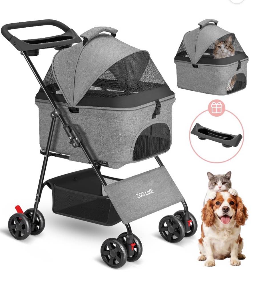 zoolike 3 in 1 pet stroller for dogs and cats,4 wheel foldable stroller with detachable carrier&storage basket,grey
