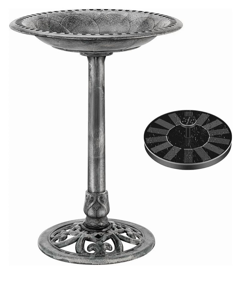 specstar bird bath polyresin antique outdoor gray garden birdbath and solar powered round pond fountain combo set