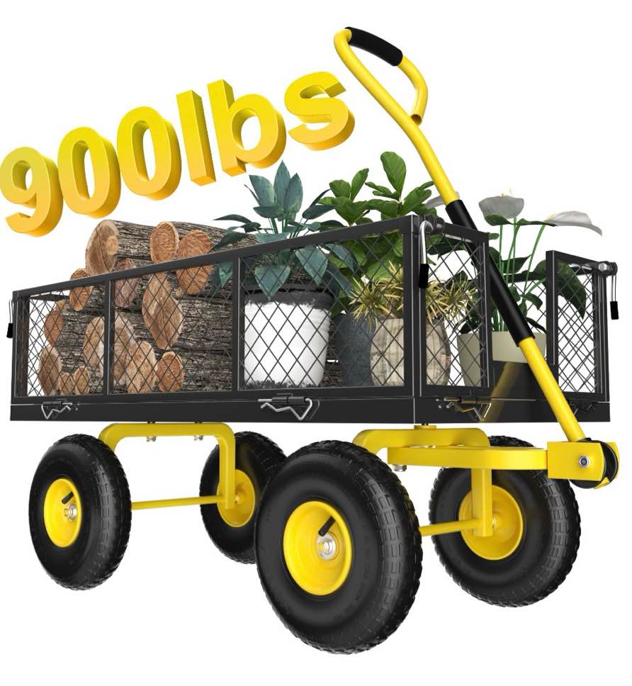 Firstness Heavy Duty Garden Cart, 900 lbs Capacity Garden Wagon with Removable Sides, Black
