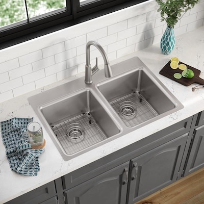elkay greenwood drop-in or undermount 33-in x 22-in stainless steel double equal bowl 18 -gauge kitchen sink