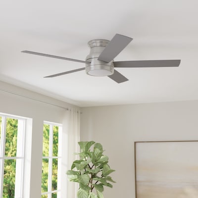harbor breeze calverton easy2hang 52-in brushed nickel with light brown woodgrain/gray blades led flush mount ceiling fan with light and remote control included 5 -blade