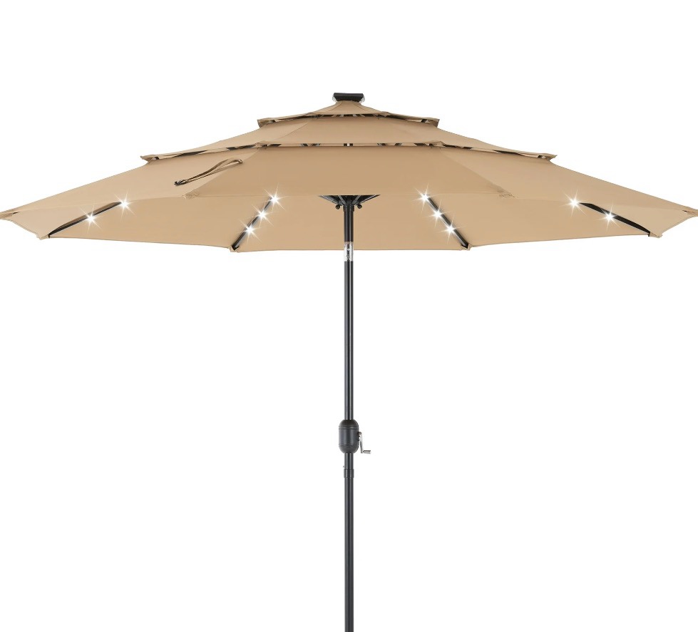 edx 10ft 3-tier solar led patio umbrella with tilt adjustment and uv-resistant polyester fabric, outdoor market umbrella, khaki