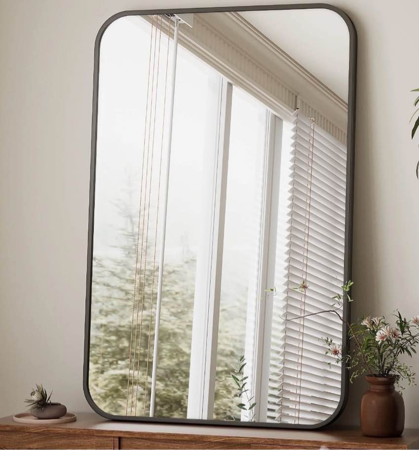 beautypeak 24"x36" wall mirror rounded corners hanging vanity mirror black