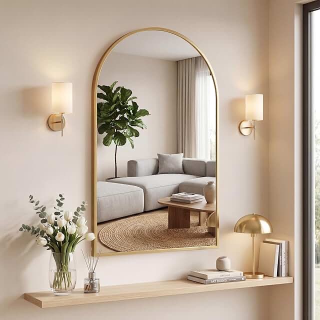 JIOABL 20 x 30  Arched Shatterproof Bathroom Mirror  Tempered Glass  2 Sided Anti-Rust for Vanity Wall Decor  Gold