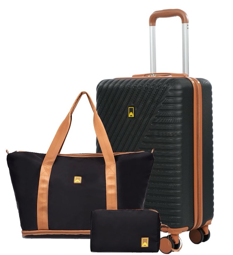 3 piece carry on luggage sets, hardside suitcase set with double spinner wheels, expandable travel bag and toiletry bag, black