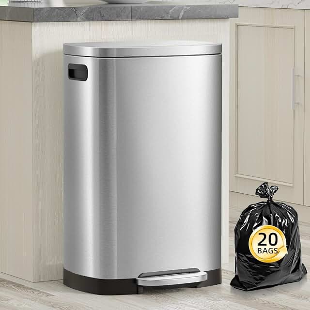 ksskss 13 gallon trash can with lid fingerprint-proof stainless steel kitchen trash can with soft-close lid and removable inner bucket silver