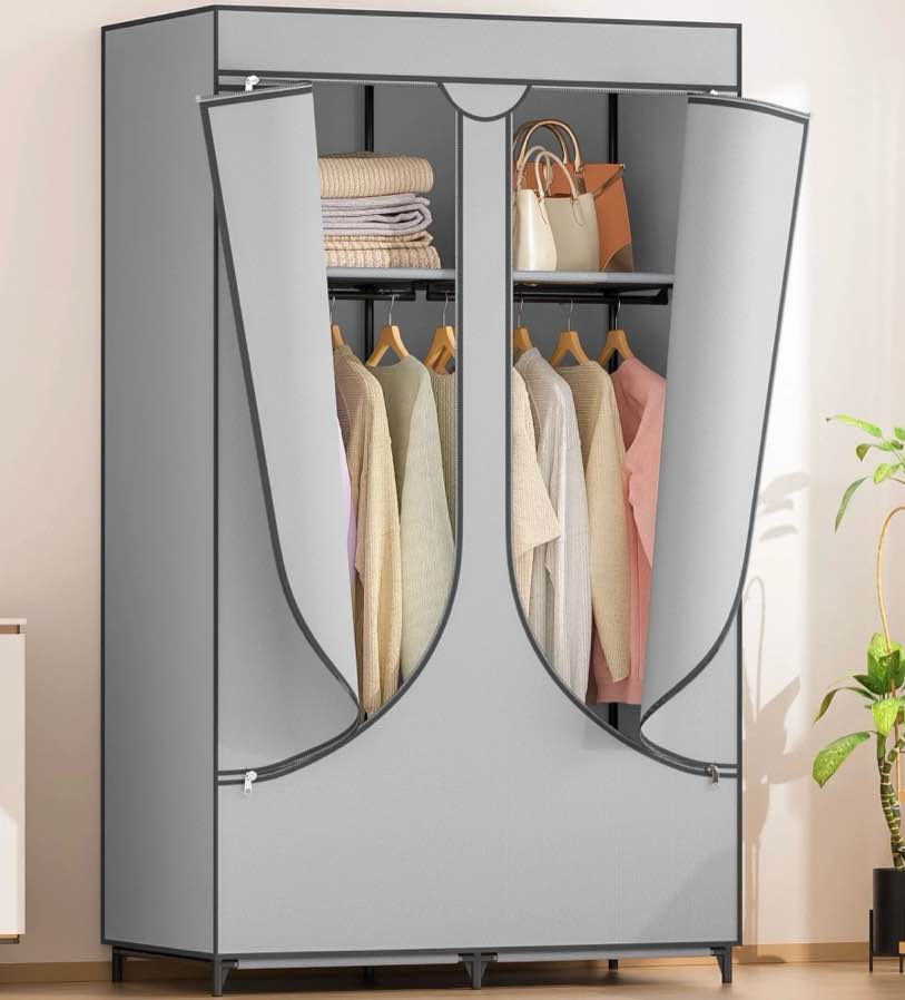 youpins clothes organizer with hanging rod, portable closet with cover clothes rack sturdy fabric wardrobe organizer,light gray