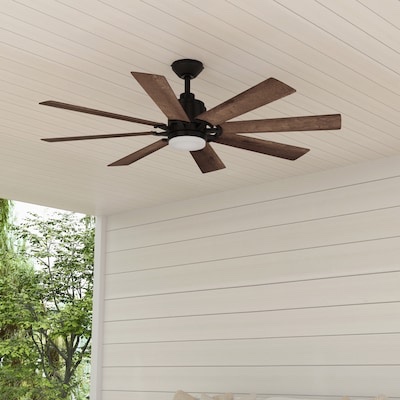 harbor breeze talamore 60-in matte black with auburn/weathered oak blades led covered outdoor downrod or flush mount ceiling fan with light and remote control included 8 -blade 