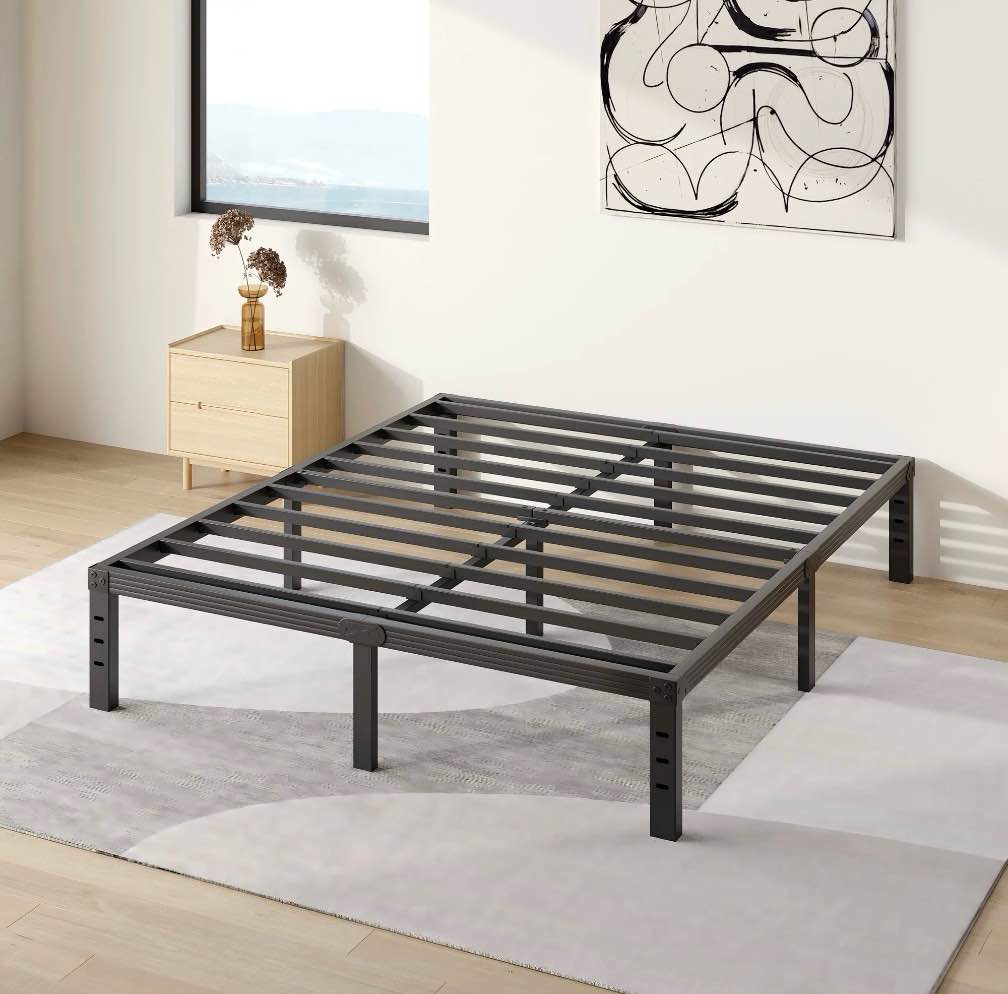 comasach 14 inch queen bed frame, easy assembly, no box spring needed, heavy duty metal platform queen size, noise free, black