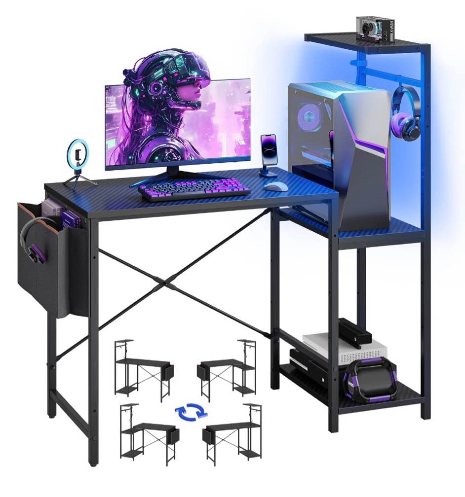 bestier gaming desk with led lights, 44'' computer desk with reversible shelves, pc gamer desk with side storage bag, hooks and height adjustable shelf for home office, carbon fiber black
