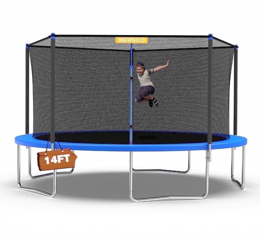 Condition photo showing Good Condition for mersco 14ft trampoline play heavy duty outdoor trampoline for kids and adults, backyard trampoline with enclosure net for family fun,jumping trampoline for boys and girls birthday gift ,blue
