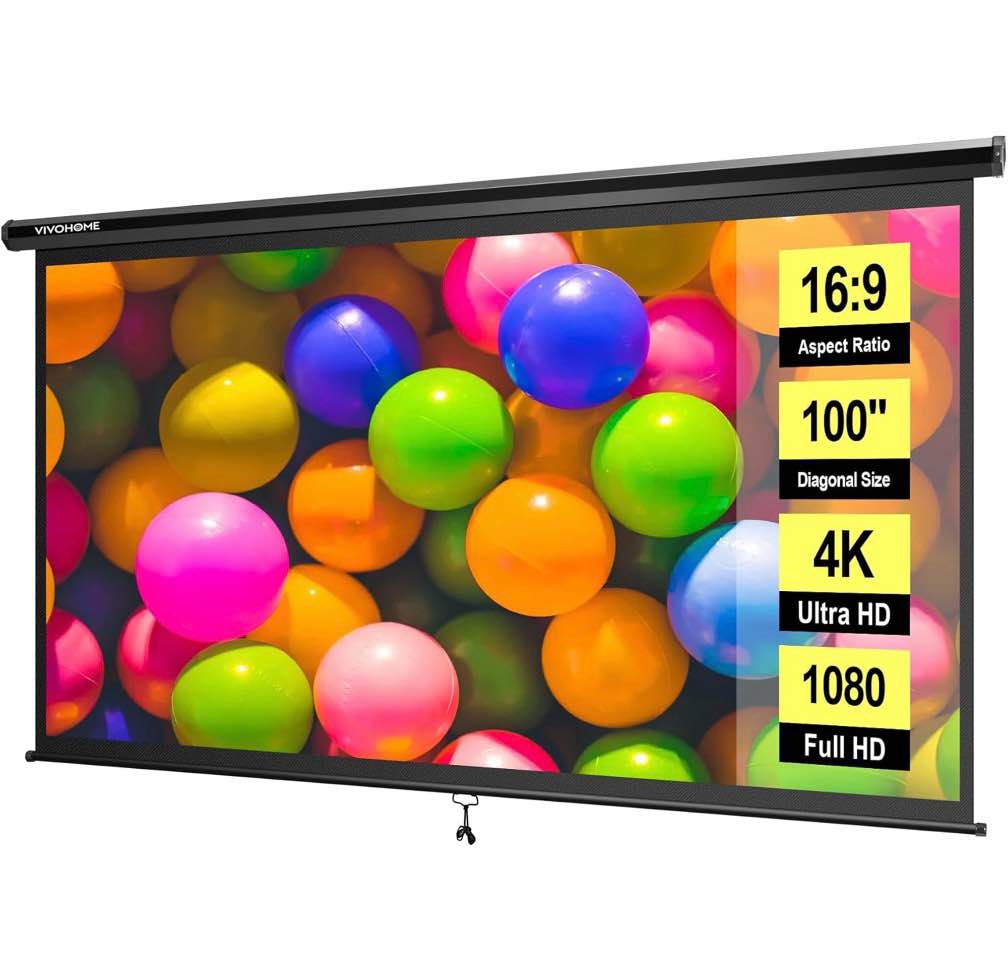 specstar 100 inch manual pull down projector screen  16:9 hd retractable projector screens for movie home theater cinema office video game  black