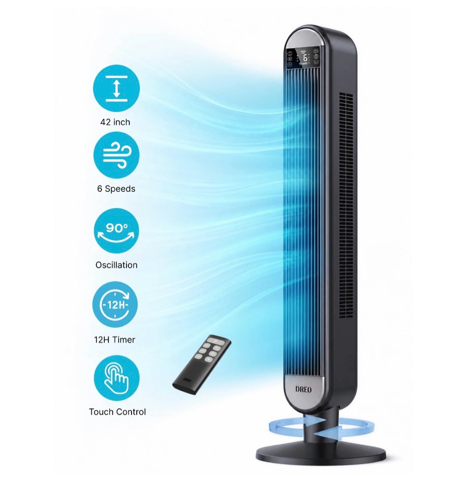 dreo 42 tower fans for home standing bladeless fan with remote 90° oscillating fan with led display 12h timer 6 speeds 4 modes 26 ft/s high velocity ultra quiet bedroom fans