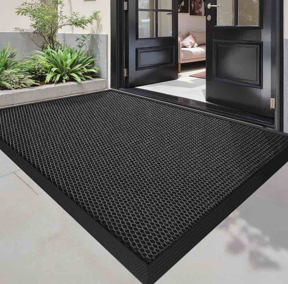 PABUBE High Stretch Elastic Silk Outdoor Doormat  Quick-Dry & Heavy-Duty Welcome Mat  Non-Slip Front Door Mat for Outside Entry  Low Pile Patio Doormat for Entry Rug  Black Grey  36 x59